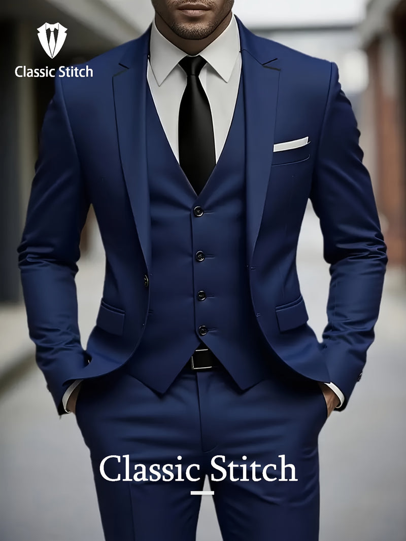 Men'S Three-Piece Suit with a Sophisticated Notch Lapel, Suitable for Weddings.