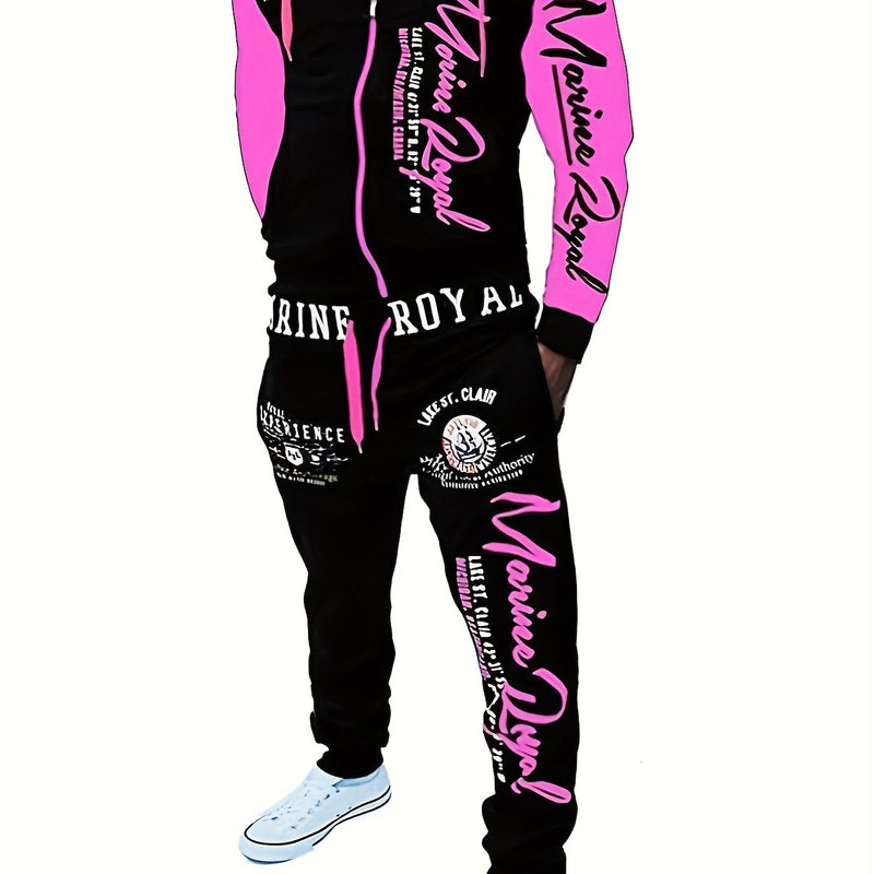 Men's Hiphop Outfit, Letter Print Long Sleeve Full-Zip Casual Jacket And Loose Jogger Pants.