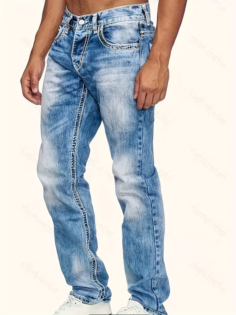 Men's Back Pocket Snowflake and Horse Hoof Stitching Heavy-duty Denim Jeans.