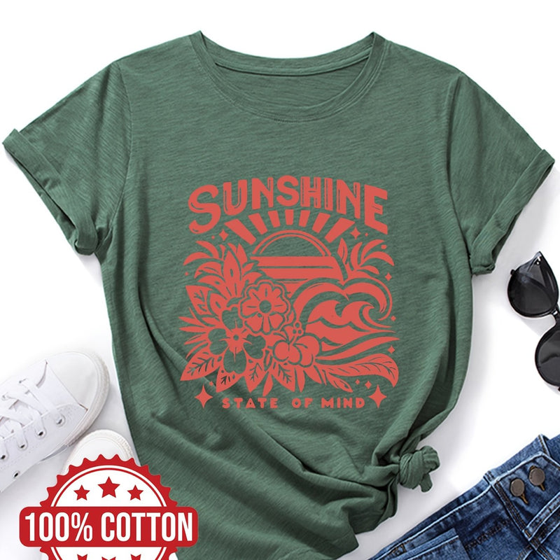 Women's Casual Crew Neck T-Shirt with "SUNSHINE" Graphic Print.