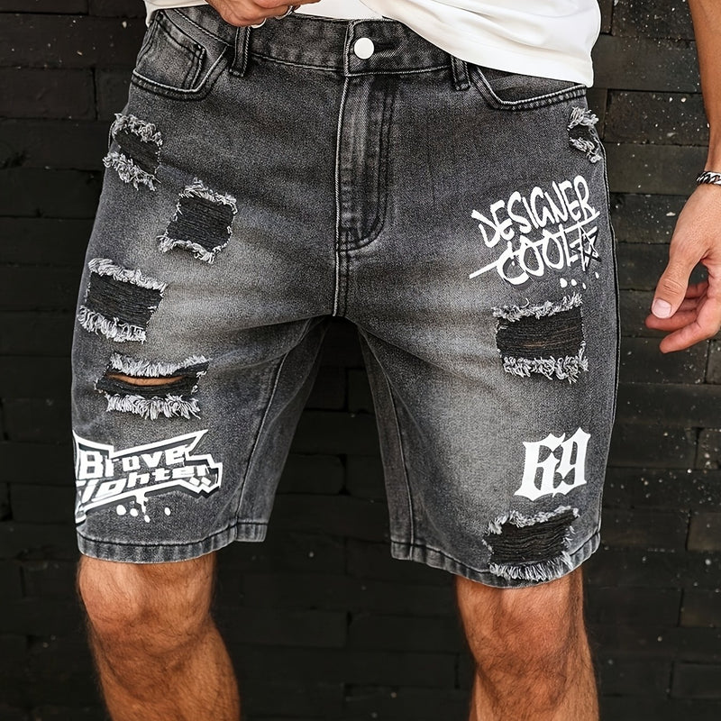 Men'S Casual Distressed Denim Shorts with "DESIGNER COOL" Print - Black & Gray.