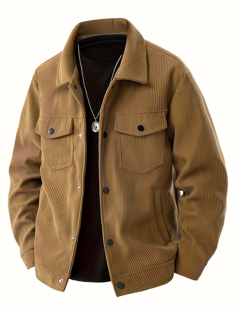 Men's Corduroy Cargo Jacket with Multiple Pockets - Polyester Casual Workwear.