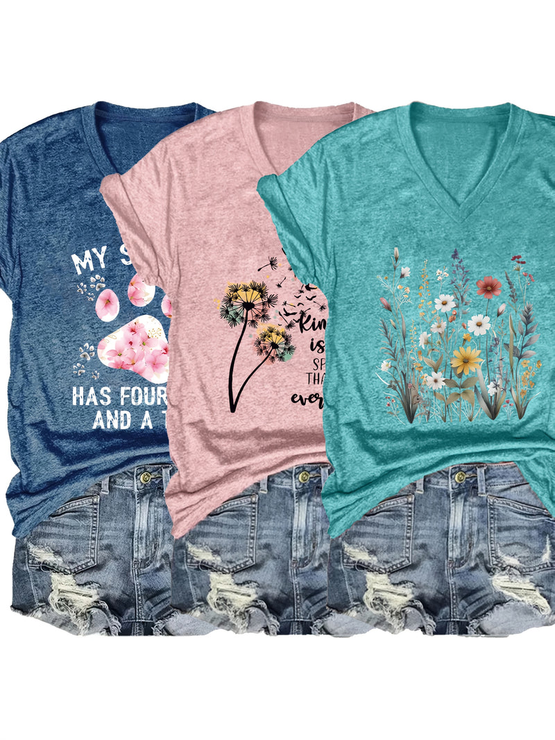 3pcs Women's V-Neck T-Shirts - Casual Short Sleeve.