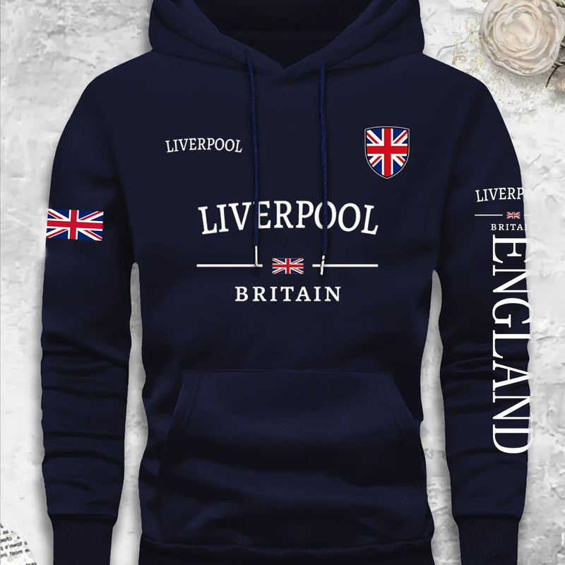 Men's Casual Versatile -Lined Hooded Sweatshirt with British Flag Print.