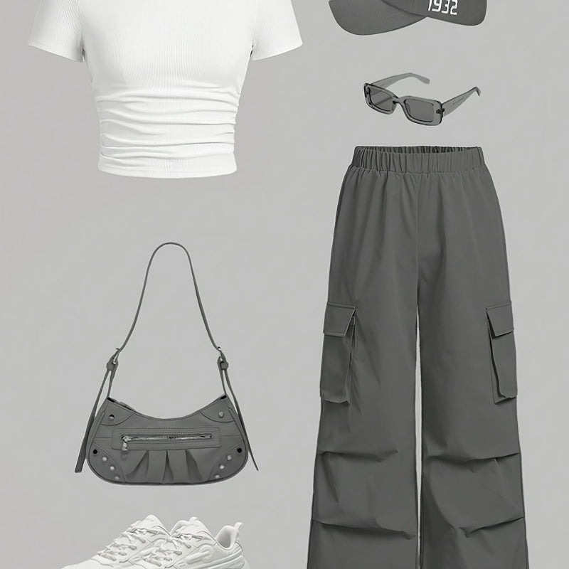 Directional Round Neck Short Sleeve T-Shirt and Work Pants Set.