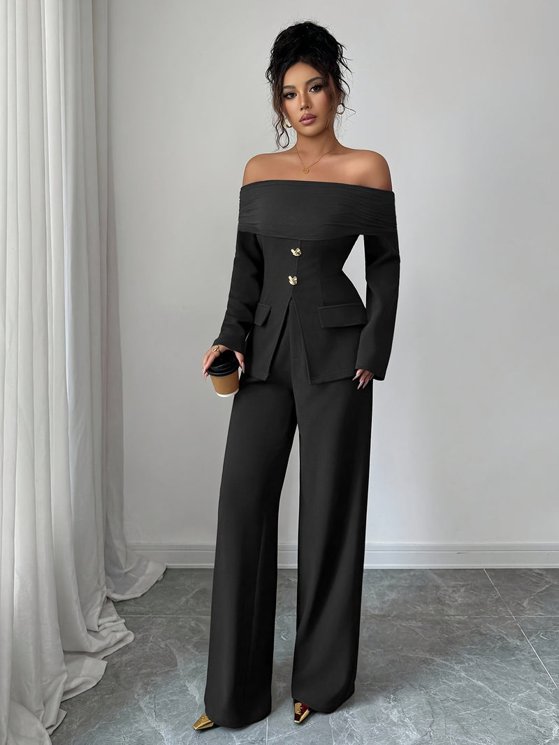 Women's Elegant Versatile Off-Shoulder Top with Mesh Panel Slim Fit Waist Zipper.