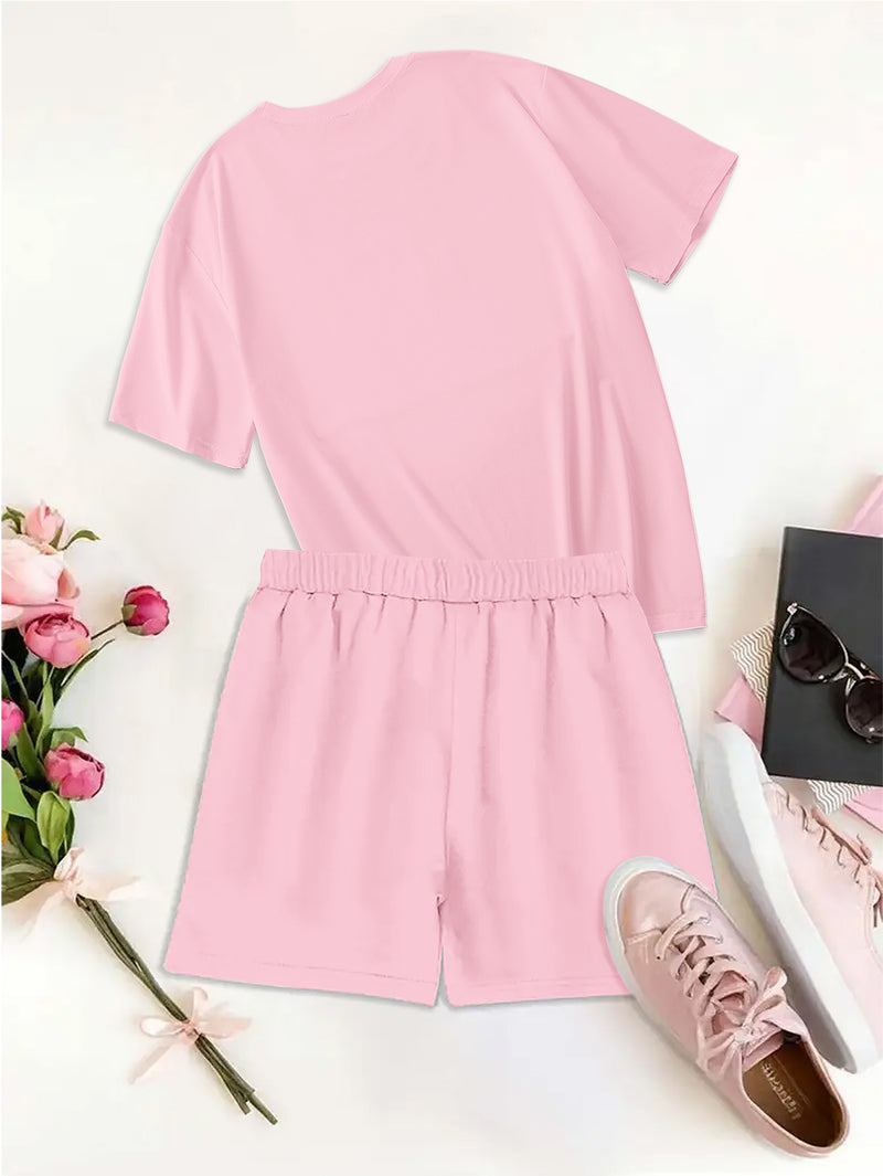 Women's Fashion Cartoon Puppy Print Short Sleeve T-Shirt and Shorts.