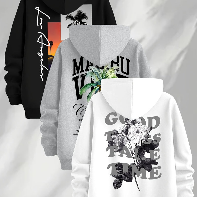 3pcs Trendy Print Sweatshirt, Men's Casual Hooded Sweatshirt.