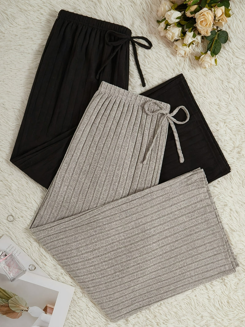 2-Pack Solid Color Fashion Ribbed Casual Wide Leg Women's Pants.