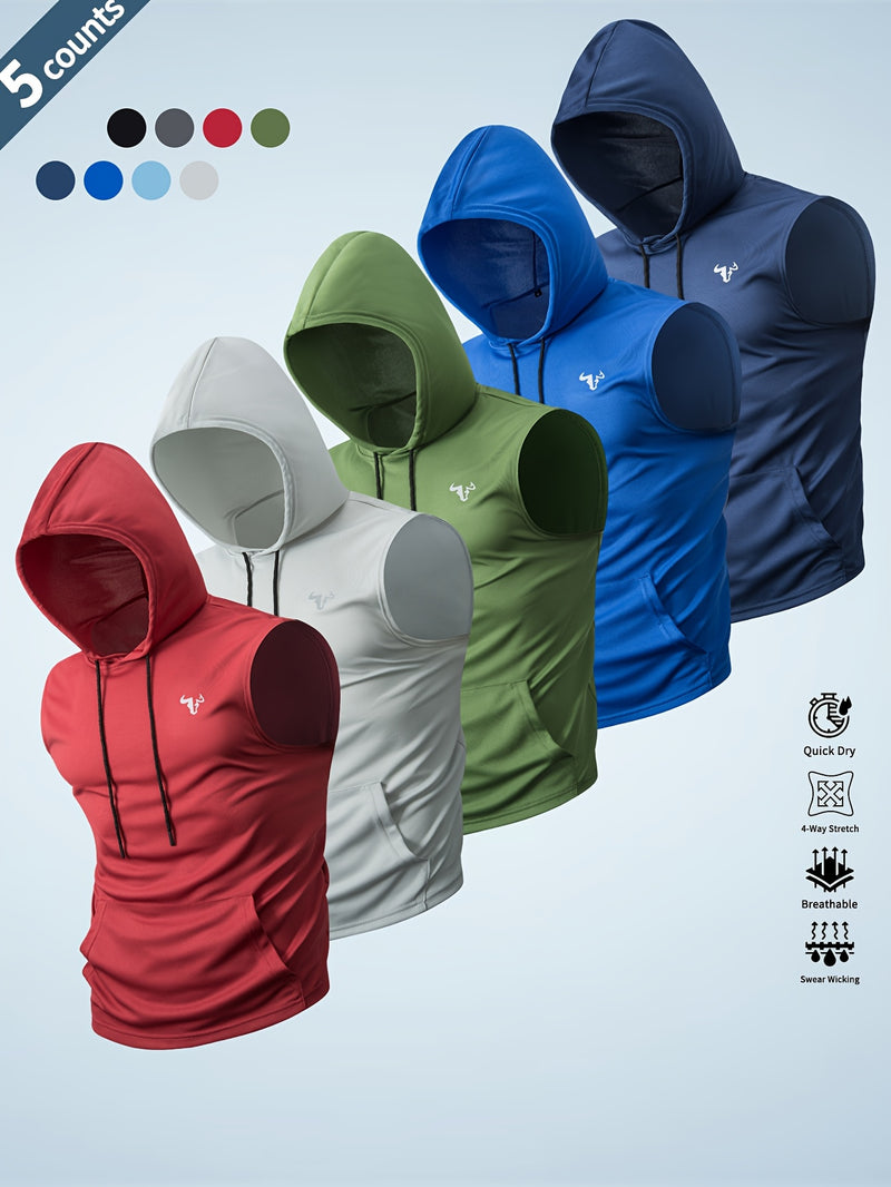 Five-Pack Summer Solid Color Men's Hooded Sweatshirts with Pockets.