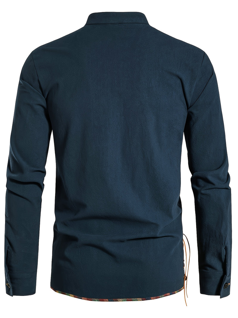 Men's Henley Shirt Long Sleeve Casual Beach Stand Collar Shirt.