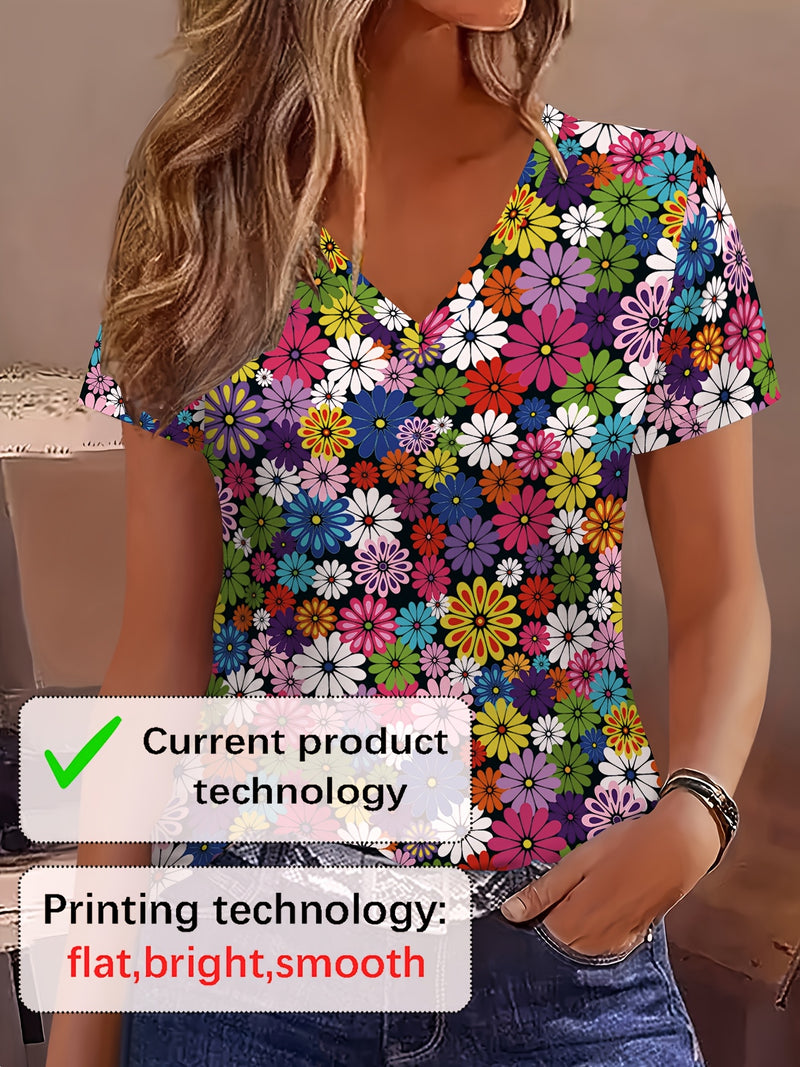 Elegant Casual Floral Print V-Neck Short Sleeve T-Shirt for Women.