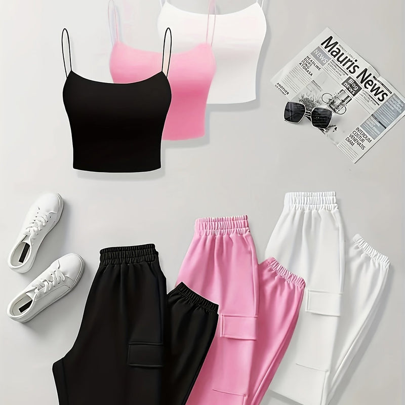 Set of 6 Items Including a Women's Thin Strap Tank Top And Solid Color Long Pants.