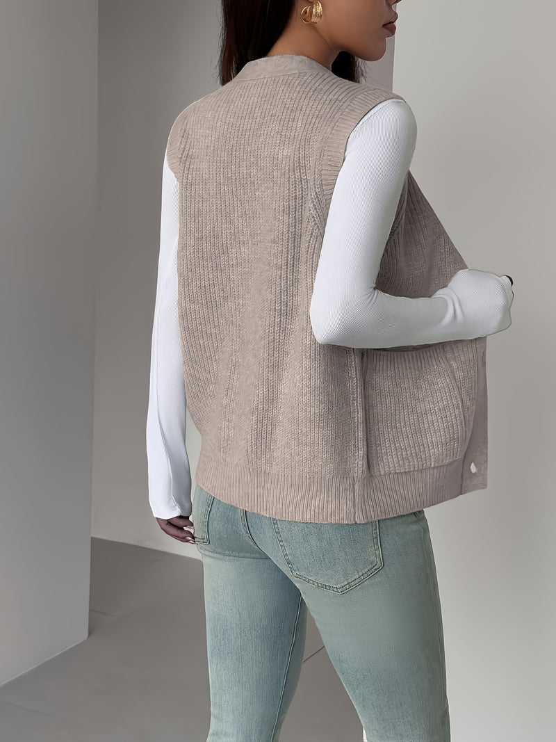 New Solid Color V-Neck Pocket Women's Sweater Vest.