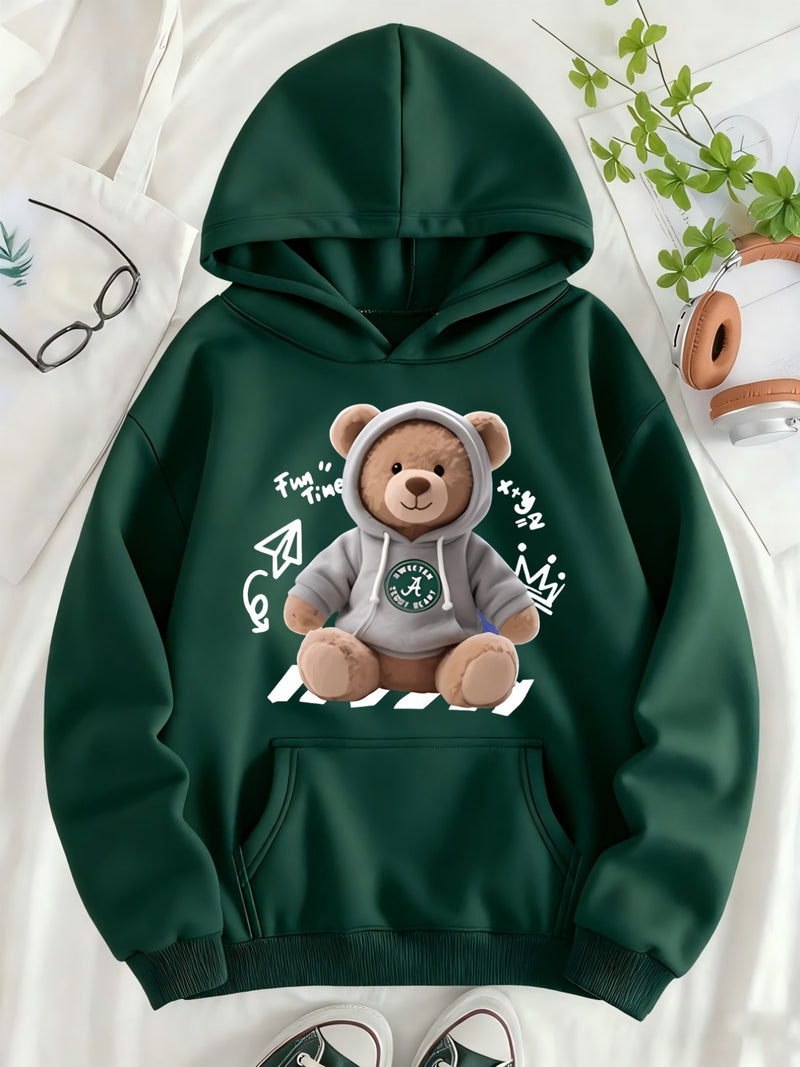 Cute Bear Printed Hoodie | Women'S Long Sleeve Hooded Sweatshirt.