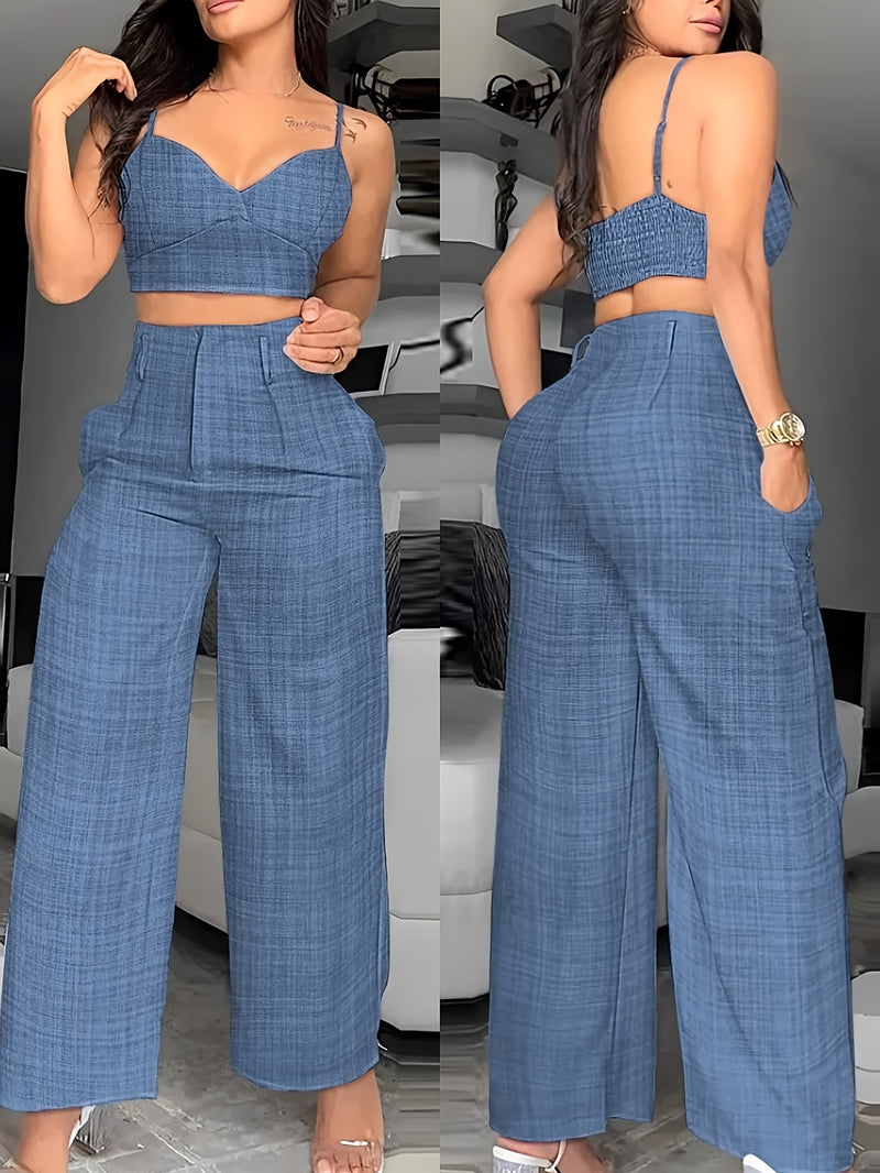 Women's Solid Color Camisole And Loose-Fitting Long Pants Two-Piece.