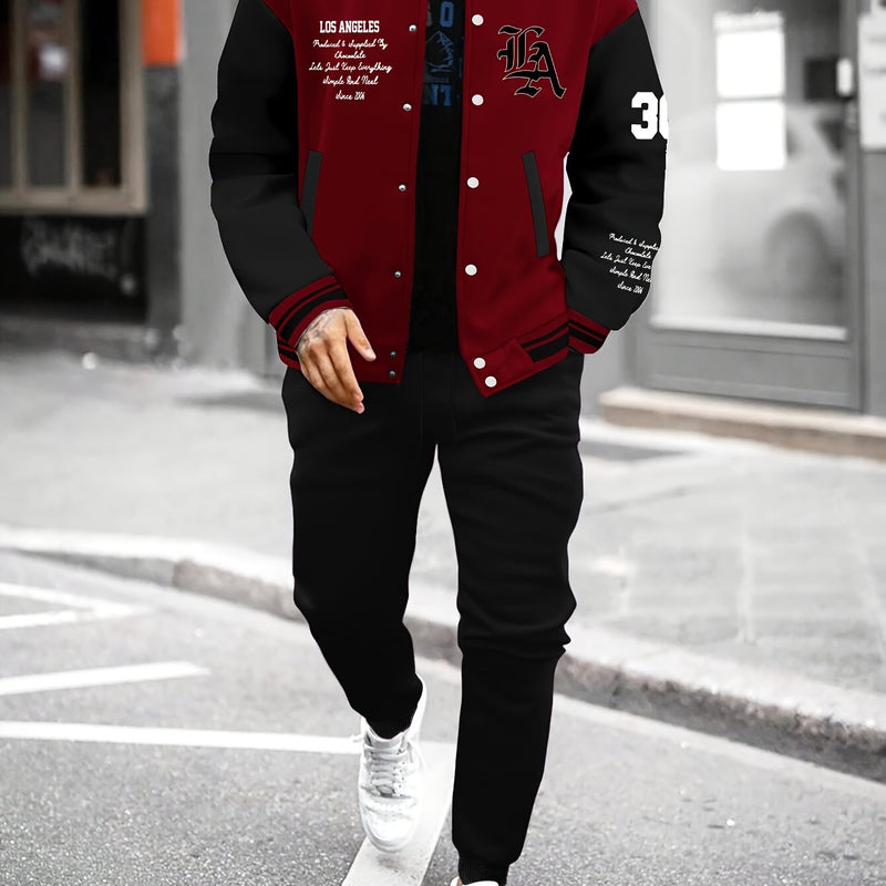 Men's 2pcs Baseball Jacket and Sweatpants Set with Overlapping.