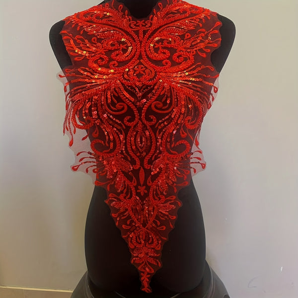 Women’s Elegant Red Embroidered Sequin Dress with Floral Pattern.