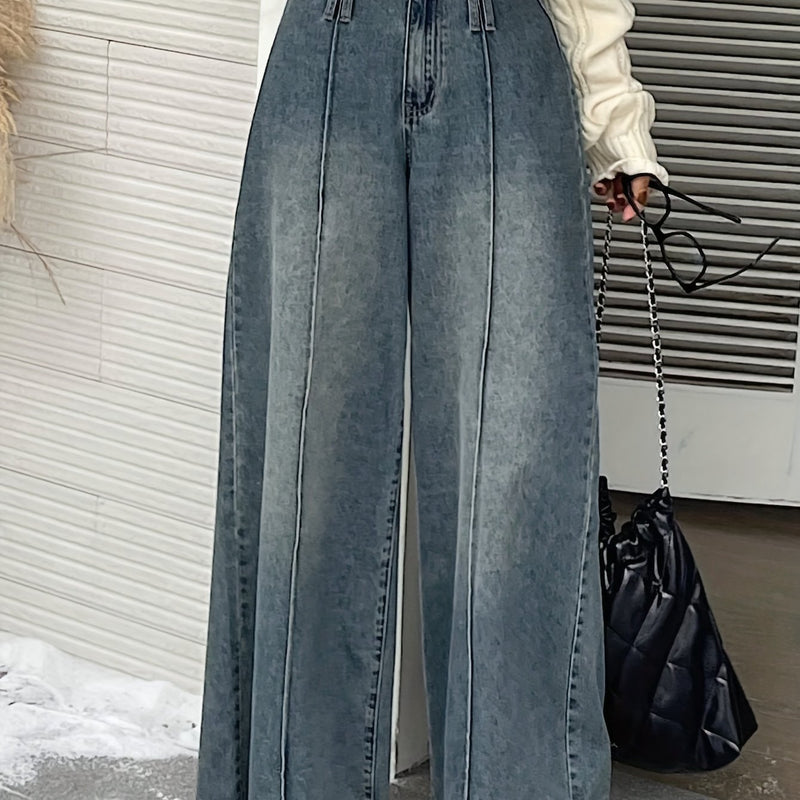 Ladies' High-Waisted Wide-Leg Loose Frayed Snowflake Denim Pants.