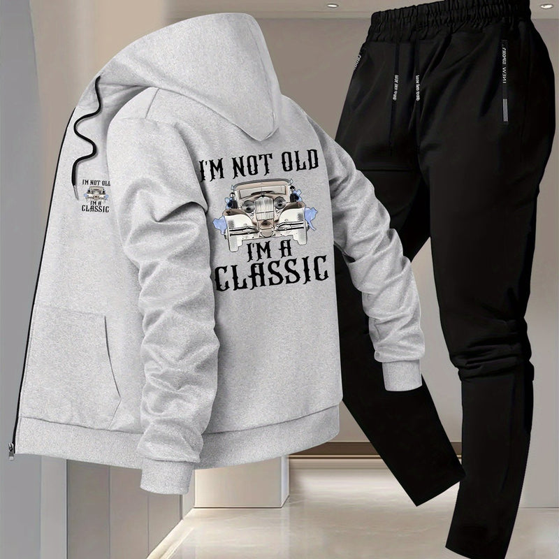 Men's Vintage Car Print 2pcs Suit Set - Slim-Fit Hooded Jacket & Pants.