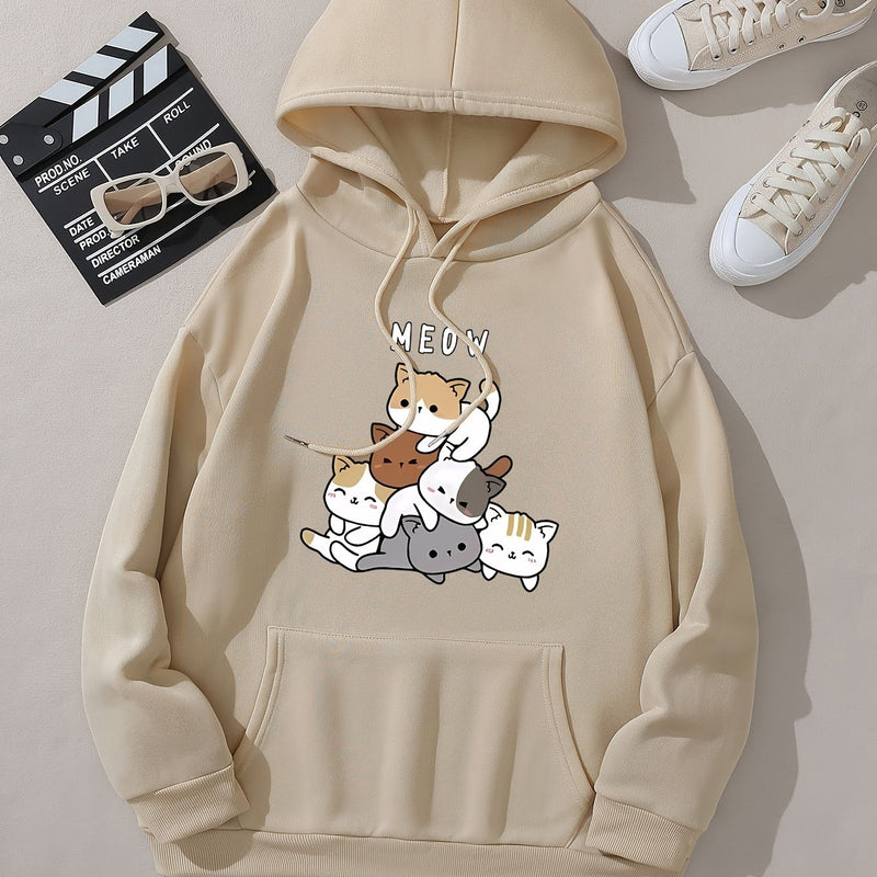 Women’s Fashion Hoodie Featuring a Cartoon Cat Letter Print Design.