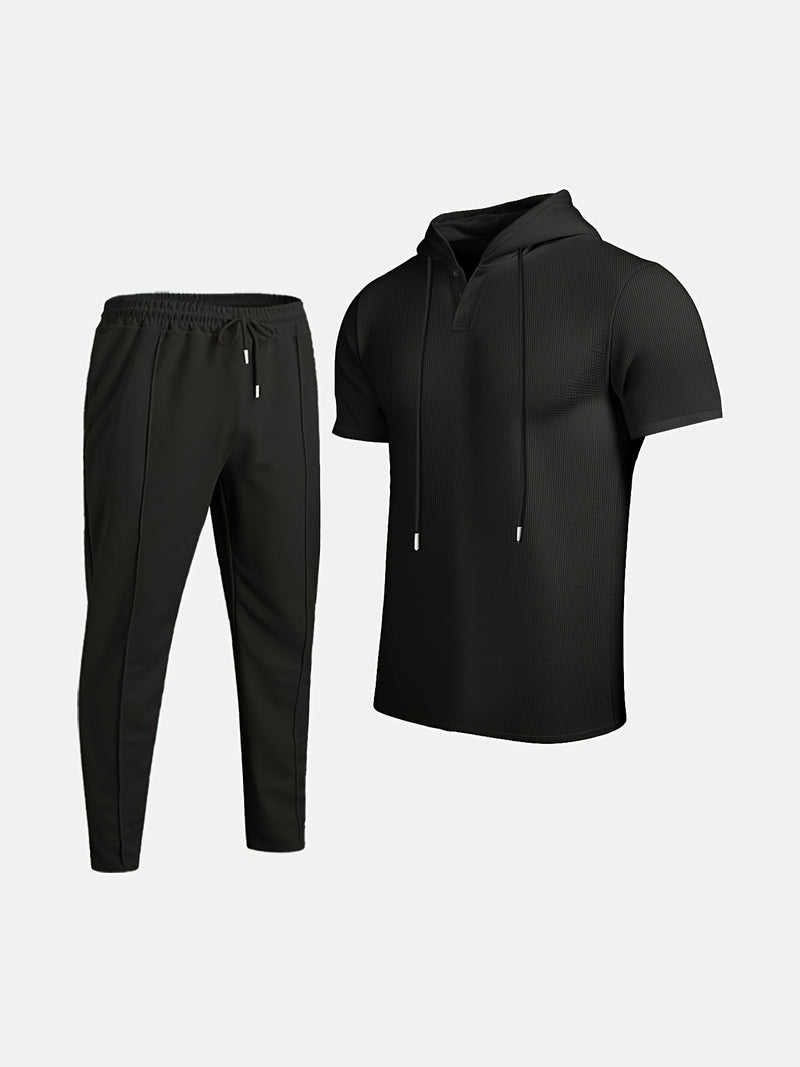Men's set short sleeved hooded top with drawstring elastic waistband.
