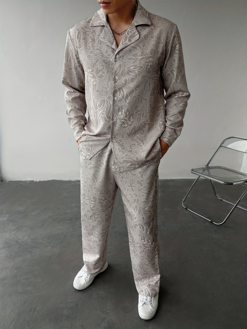 Men's Shirt Set, Casual Style, Comfortable Long-Sleeve Shirt And Pants Outfit.