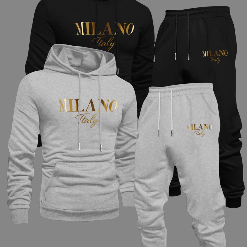 Men's Fashion Slogan Hoodie Four-Piece Set with Drawstring Elastic.