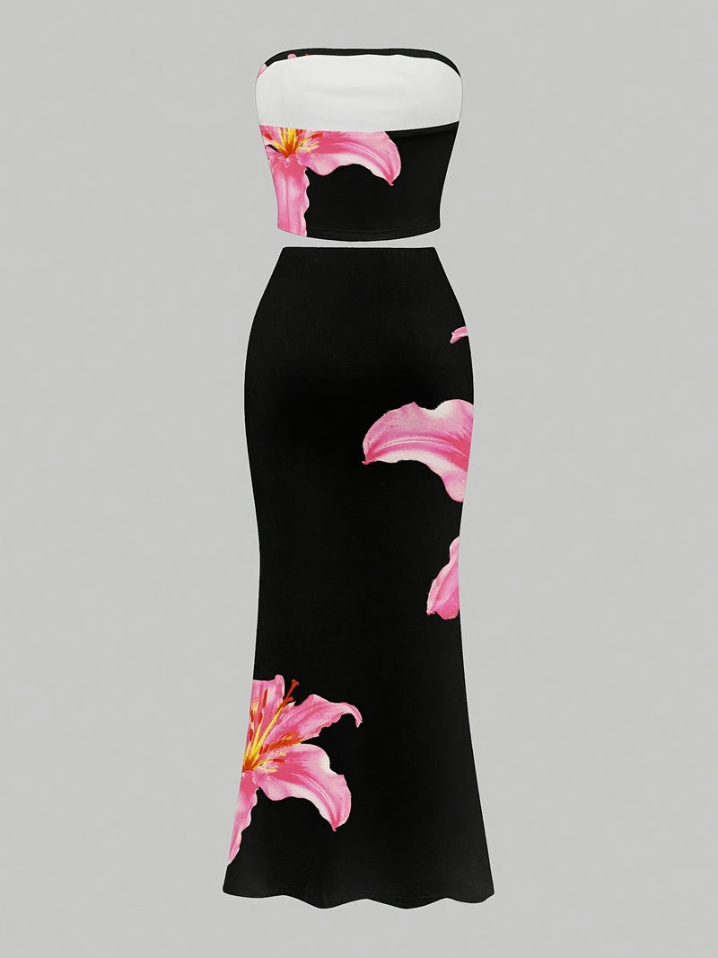 Black Powder Lily Floral Two-Piece Set Strapless Short Top+Extra Long Skirt.