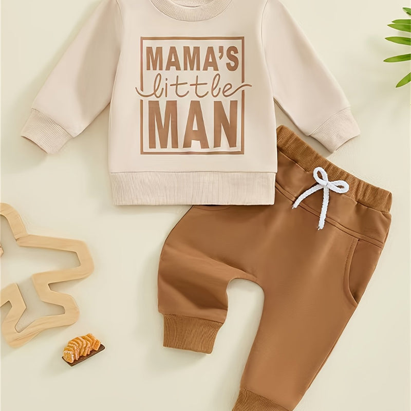 Baby Boy's Sweatshirt And Pants Set with 'Mom'S Little Man Print.
