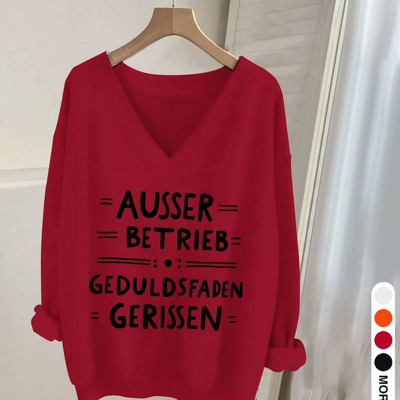 Women's Pink V-Neck Long Sleeve Sweater with German Letter Print.