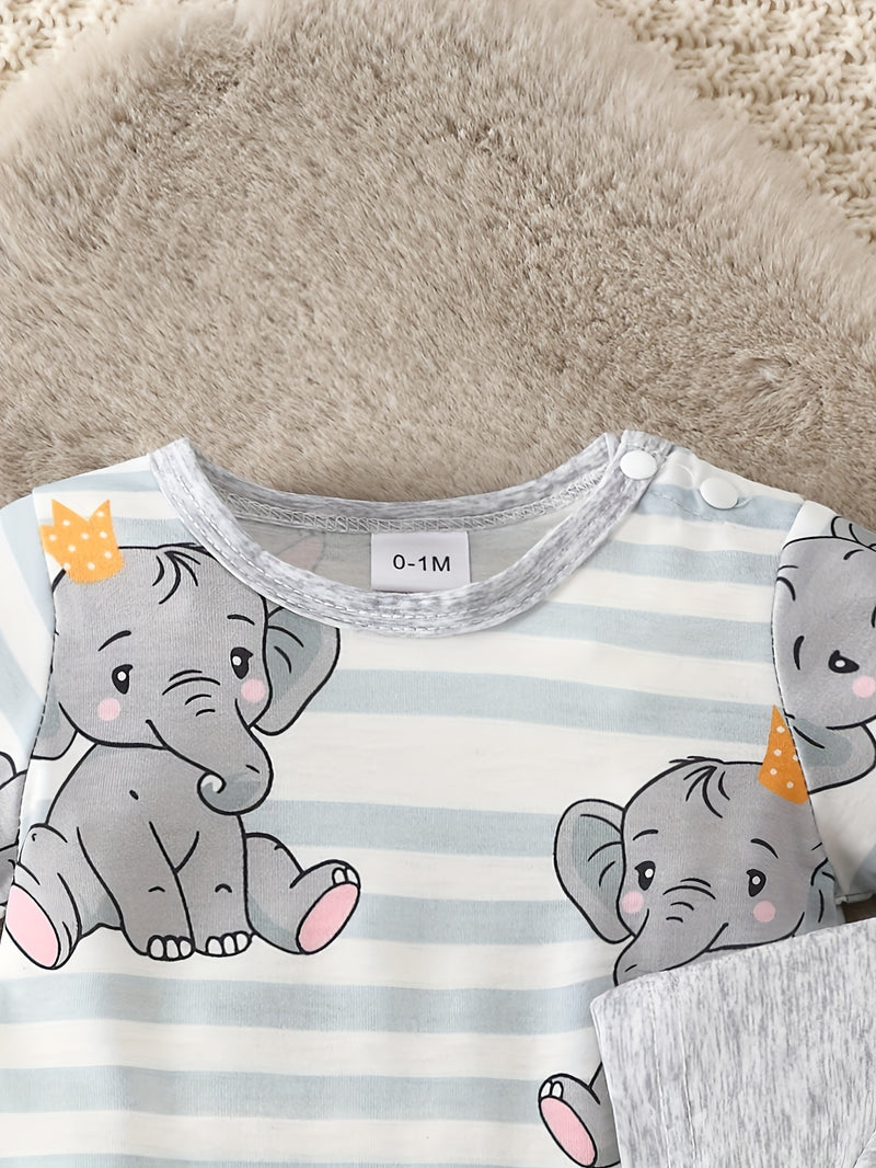 Two Sets of Baby Short-Sleeve Bodysuits with Elephant Patterns.