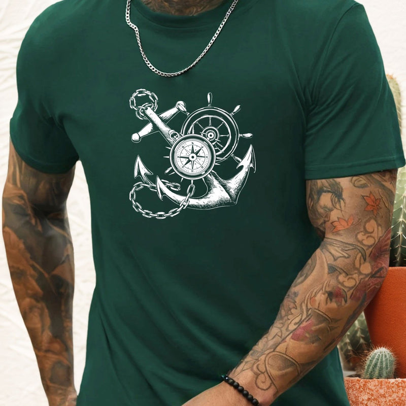 Men's Casual Summer T-Shirt with Anchor and Compass Graphic.