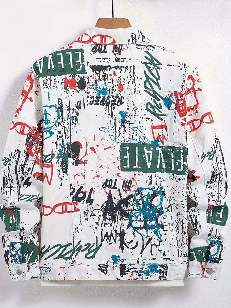 Men's Streetwear Faux Denim Jacket with Random Graffiti Print.