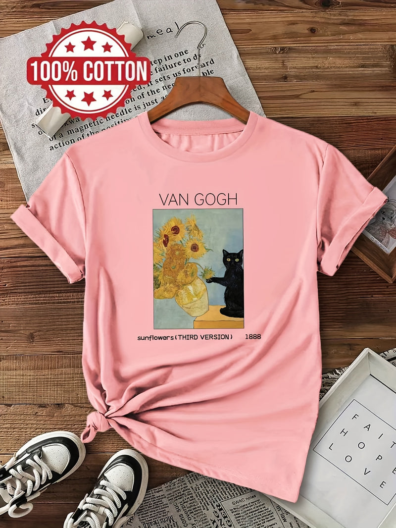 Women's Van Gogh Sunflowers & Black Cat Art Print T-Shirt.