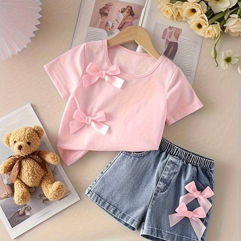 Pink T-Shirt + Denim Shorts Set, 2pcs Girls' Denim Outfit with Bow Design.