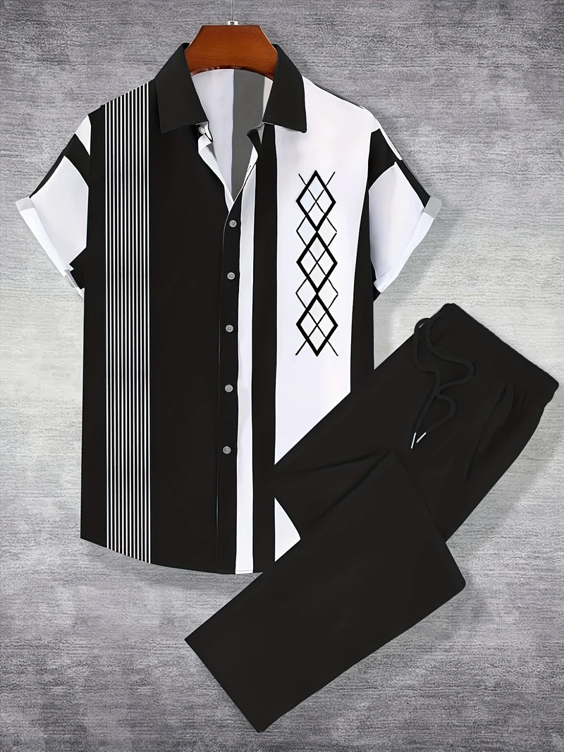 Men's Casual Stylish Short-Sleeve Shirt And Pants Set.