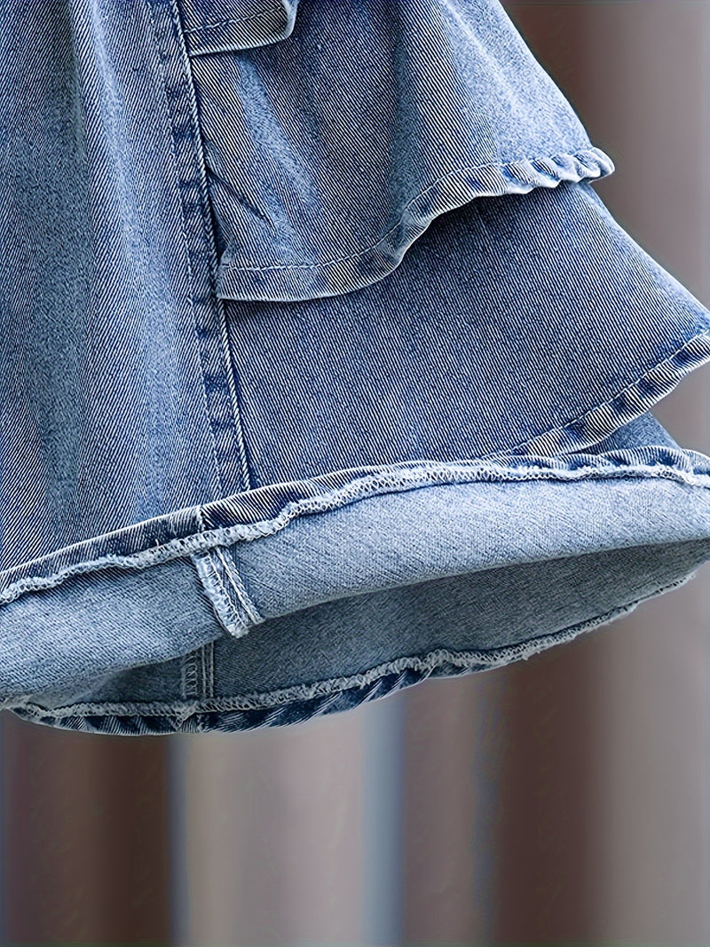 Girls' Summer Fashion Versatile Ruffle-trim Denim Shorts, Comfortable Lightweight.