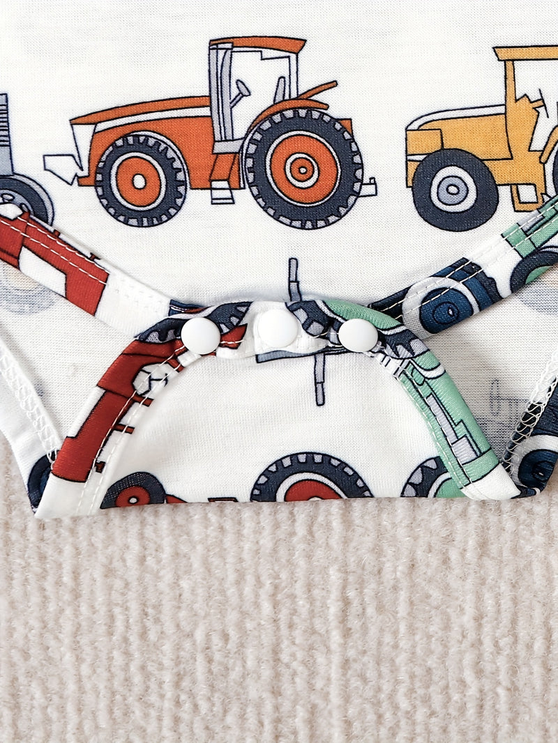 Boys' Cute Cartoon Tractor All-Over Print Romper and Comfortable Pants.