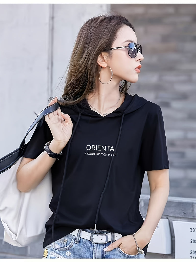Summer New Korean Version Loose Short Sleeve Thin Trendy Printed Hooded T-Shirt for Women.