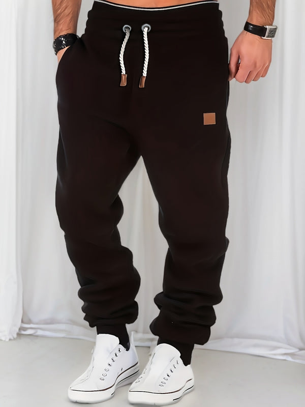 Men's Solid Color Loose Sports Pants, Micro Elastic Warm Thick Casual Pants.