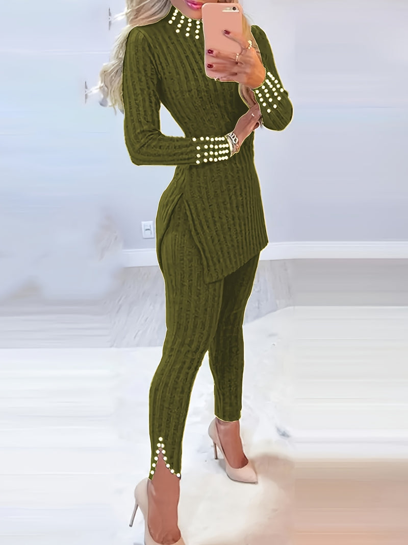 Elegant Women's Split-Top And Long Pants Outfit.