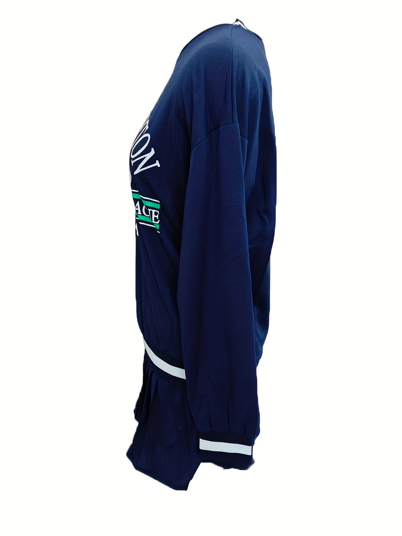 Women’s Printed Sweatshirt And Pleated Skirt Two-Piece Set.