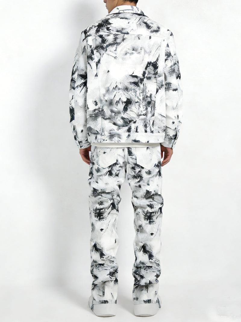 Men's Splatter Print Denim Set - Black and White Splatter Print.