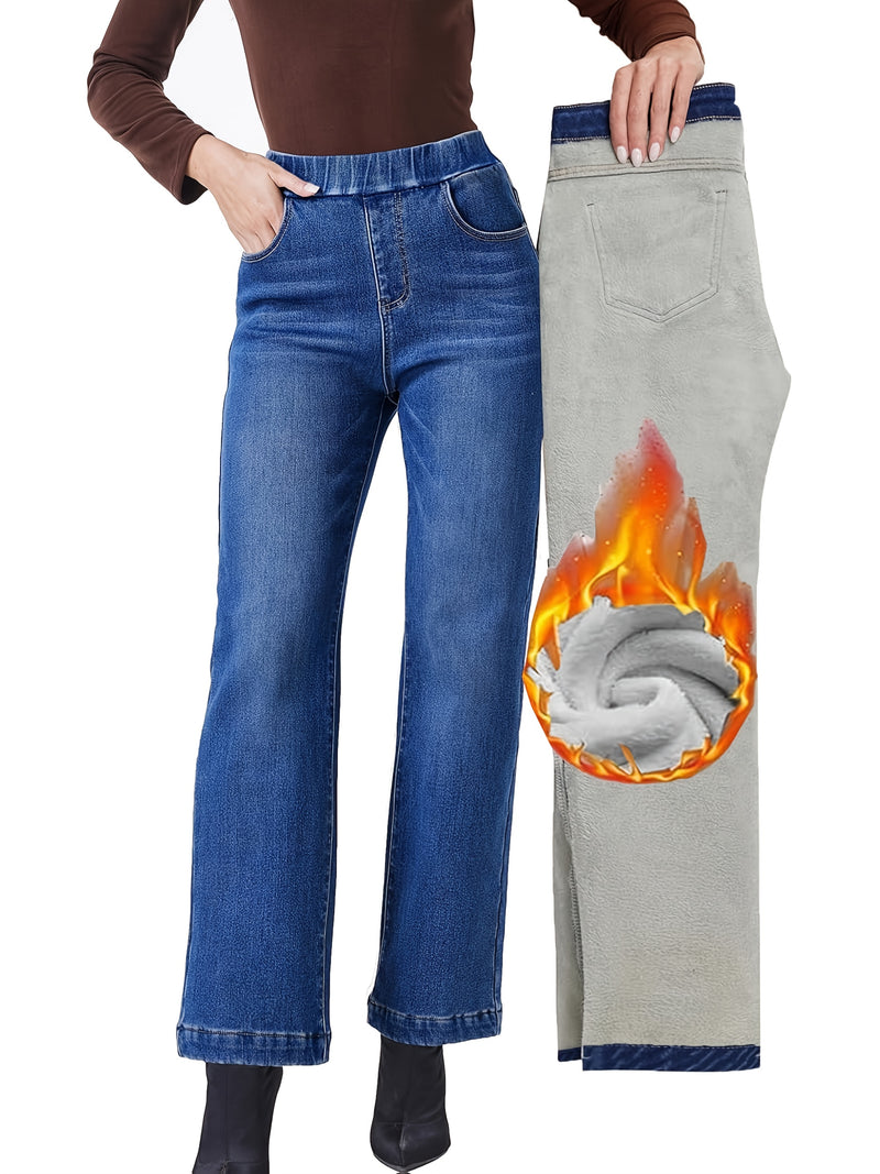 Autumn/Winter New Elastic Waistband Plush-Lined Straight-Leg Jeans for Women.