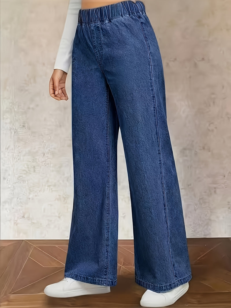 Women's Washed Casual High-Waisted Elastic Waistband Blue Jeans.