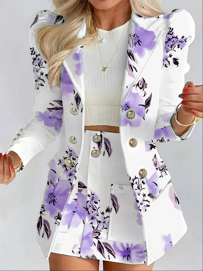 Women's Elegant Floral Print Blazer & Skirt Set.