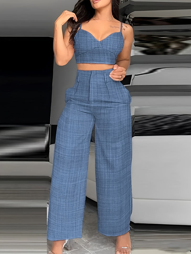 Women's Solid Color Camisole And Loose-Fitting Long Pants Two-Piece.