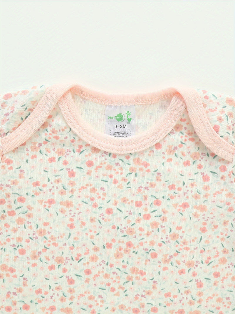 Four-Piece Infant Romper, Long-Sleeve Top, and Footed Pants Set.