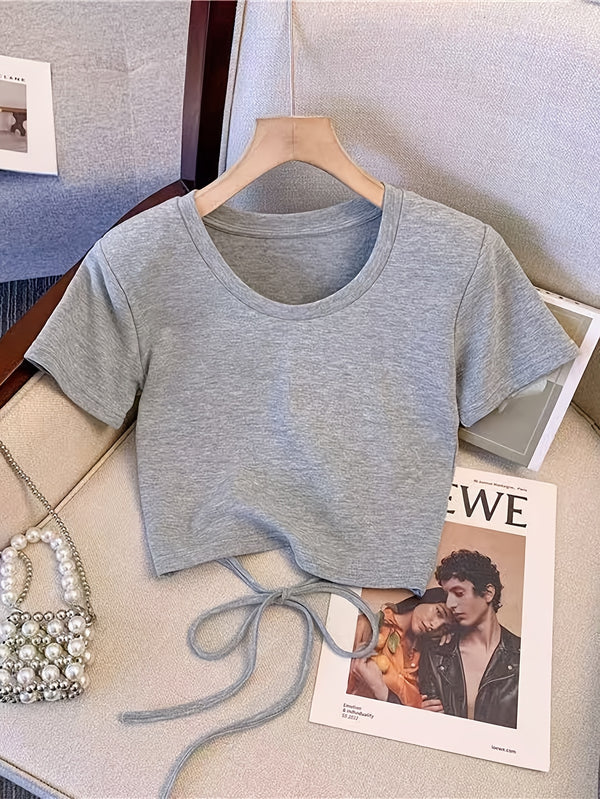 2pcs Women's Gray Short-sleeve Tie-back Crop Top with Round Neck.